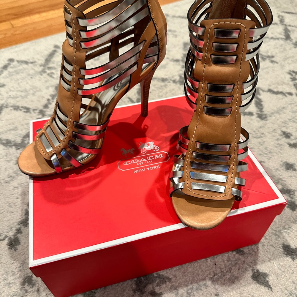 Coach Tan and Silver Gladiator Heels